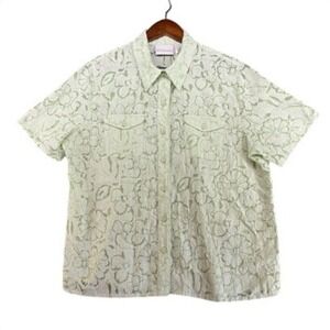 Alfred Dunner Womens 14 Green Floral Burnout Button Down Shirt